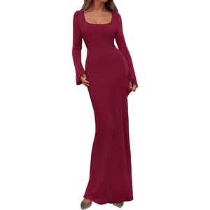 image:imagePRETTYGARDEN Womens Fall Long Sleeve Maxi Bodycon Dresses  Soft Stretchy Ribbed Knit Bell Sleeve Square Neck Mermaid Elegant Long Dress Wedding Guest Party 2026 Winter ClothingBurgundy