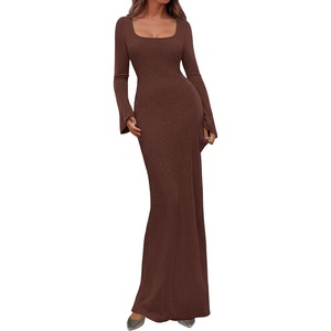 image:imagePRETTYGARDEN Womens Fall Long Sleeve Maxi Bodycon Dresses  Soft Stretchy Ribbed Knit Bell Sleeve Square Neck Mermaid Elegant Long Dress Wedding Guest Party 2026 Winter ClothingCoffee