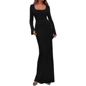 image:imagePRETTYGARDEN Womens Fall Long Sleeve Maxi Bodycon Dresses  Soft Stretchy Ribbed Knit Bell Sleeve Square Neck Mermaid Elegant Long Dress Wedding Guest Party 2026 Winter ClothingBlack