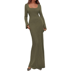 image:imagePRETTYGARDEN Womens Fall Long Sleeve Maxi Bodycon Dresses  Soft Stretchy Ribbed Knit Bell Sleeve Square Neck Mermaid Elegant Long Dress Wedding Guest Party 2026 Winter ClothingArmy Green