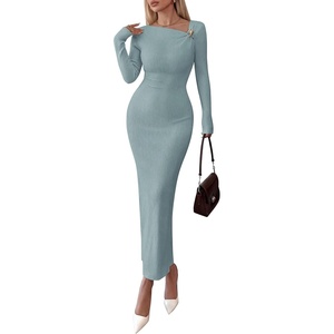 image:imagePRETTYGARDEN Womens Fall Long Sleeve Ribbed Sweater Dress  Breathable Knit Fabric Elegant Bodycon Cut Fashion Asymmetrical Neck Night Out Party Dresses 2026 Trendy Winter ClothesGrey Blue