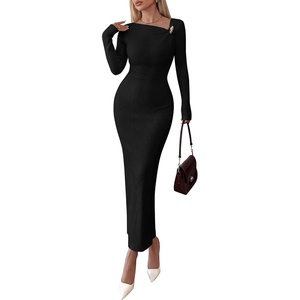 image:imagePRETTYGARDEN Womens Fall Long Sleeve Ribbed Sweater Dress  Breathable Knit Fabric Elegant Bodycon Cut Fashion Asymmetrical Neck Night Out Party Dresses 2026 Trendy Winter ClothesBlack