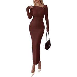 image:imagePRETTYGARDEN Womens Fall Long Sleeve Ribbed Sweater Dress  Breathable Knit Fabric Elegant Bodycon Cut Fashion Asymmetrical Neck Night Out Party Dresses 2026 Trendy Winter ClothesBrown