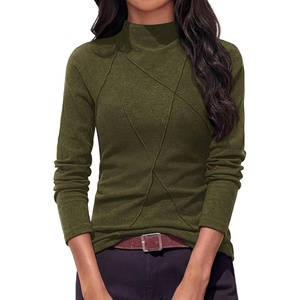 image:imagePRETTYGARDEN Womens Fall Mock Neck Long Sleeve Shirts  Soft Stretchy KnitGeometric Seam StitchingSlim Fitted Basic TeesThermal Casual WearDaily Work Layering Winter Tunic TopArmy Green