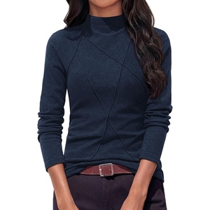 image:imagePRETTYGARDEN Womens Fall Mock Neck Long Sleeve Shirts  Soft Stretchy KnitGeometric Seam StitchingSlim Fitted Basic TeesThermal Casual WearDaily Work Layering Winter Tunic TopNavy Blue
