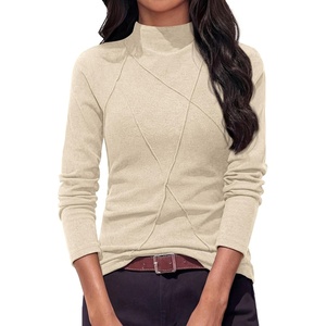 image:imagePRETTYGARDEN Womens Fall Mock Neck Long Sleeve Shirts  Soft Stretchy KnitGeometric Seam StitchingSlim Fitted Basic TeesThermal Casual WearDaily Work Layering Winter Tunic TopBeige