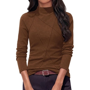 image:imagePRETTYGARDEN Womens Fall Mock Neck Long Sleeve Shirts  Soft Stretchy KnitGeometric Seam StitchingSlim Fitted Basic TeesThermal Casual WearDaily Work Layering Winter Tunic TopBrown