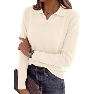 image:imagePRETTYGARDEN Womens Long Sleeve Collared Polo Sweater V Neck Knit Ribbed Business Casual Pullover Sweaters 2026 Fall OutfitsApricot