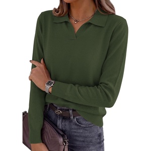 image:imagePRETTYGARDEN Womens Long Sleeve Collared Polo Sweater V Neck Knit Ribbed Business Casual Pullover Sweaters 2026 Fall OutfitsArmy Green