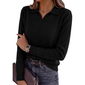 image:imagePRETTYGARDEN Womens Long Sleeve Collared Polo Sweater V Neck Knit Ribbed Business Casual Pullover Sweaters 2026 Fall OutfitsBlack