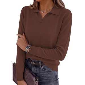 image:imagePRETTYGARDEN Womens Long Sleeve Collared Polo Sweater V Neck Knit Ribbed Business Casual Pullover Sweaters 2026 Fall OutfitsBrown