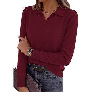 image:imagePRETTYGARDEN Womens Long Sleeve Collared Polo Sweater V Neck Knit Ribbed Business Casual Pullover Sweaters 2026 Fall OutfitsWine Red