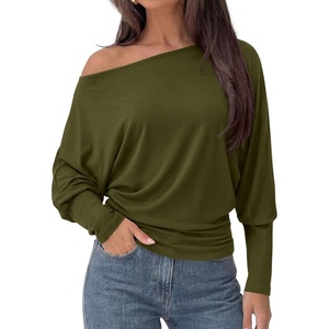 image:imagePRETTYGARDEN Womens Off Shoulder Batwing Long Sleeve Shirts  Asymmetrical Off The Shoulder Cinched Waist Soft Dressy Casual Blouse Going Out Tops Transitional Fall amp Spring WearArmy Green