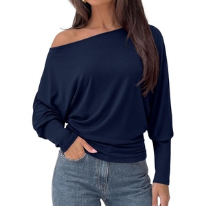 image:imagePRETTYGARDEN Womens Off Shoulder Batwing Long Sleeve Shirts  Asymmetrical Off The Shoulder Cinched Waist Soft Dressy Casual Blouse Going Out Tops Transitional Fall amp Spring WearNavy