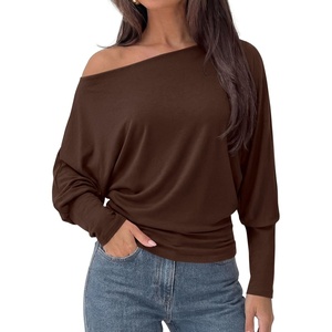 image:imagePRETTYGARDEN Womens Off Shoulder Batwing Long Sleeve Shirts  Asymmetrical Off The Shoulder Cinched Waist Soft Dressy Casual Blouse Going Out Tops Transitional Fall amp Spring WearBrown