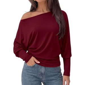 image:imagePRETTYGARDEN Womens Off Shoulder Batwing Long Sleeve Shirts  Asymmetrical Off The Shoulder Cinched Waist Soft Dressy Casual Blouse Going Out Tops Transitional Fall amp Spring WearWine Red