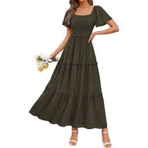 image:imagePRETTYGARDEN Womens Summer Dresses 2026 Boho Maxi Wedding Guest Smocked Square Neck Spring Short Sleeve Swiss Dot Long DressArmy Green