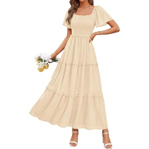 image:imagePRETTYGARDEN Womens Summer Dresses 2026 Boho Maxi Wedding Guest Smocked Square Neck Spring Short Sleeve Swiss Dot Long DressBeige