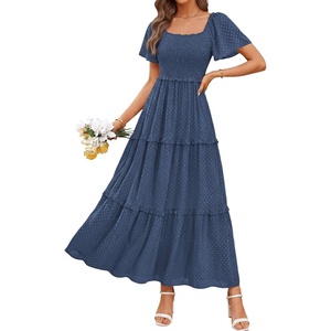 image:imagePRETTYGARDEN Womens Summer Dresses 2026 Boho Maxi Wedding Guest Smocked Square Neck Spring Short Sleeve Swiss Dot Long DressDark Blue