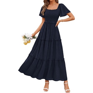 image:imagePRETTYGARDEN Womens Summer Dresses 2026 Boho Maxi Wedding Guest Smocked Square Neck Spring Short Sleeve Swiss Dot Long DressNavy Blue