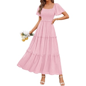 image:imagePRETTYGARDEN Womens Summer Dresses 2026 Boho Maxi Wedding Guest Smocked Square Neck Spring Short Sleeve Swiss Dot Long DressPink
