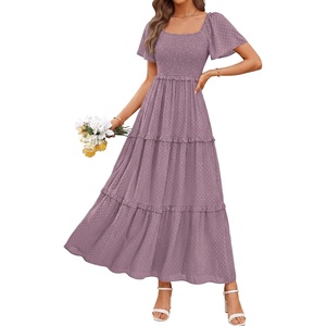 image:imagePRETTYGARDEN Womens Summer Dresses 2026 Boho Maxi Wedding Guest Smocked Square Neck Spring Short Sleeve Swiss Dot Long DressPurple
