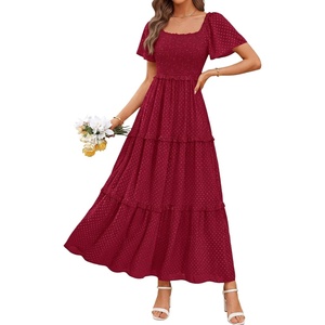 image:imagePRETTYGARDEN Womens Summer Dresses 2026 Boho Maxi Wedding Guest Smocked Square Neck Spring Short Sleeve Swiss Dot Long DressRed