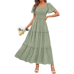 image:imagePRETTYGARDEN Womens Summer Dresses 2026 Boho Maxi Wedding Guest Smocked Square Neck Spring Short Sleeve Swiss Dot Long DressSage Green