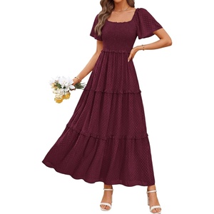 image:imagePRETTYGARDEN Womens Summer Dresses 2026 Boho Maxi Wedding Guest Smocked Square Neck Spring Short Sleeve Swiss Dot Long DressWine Red