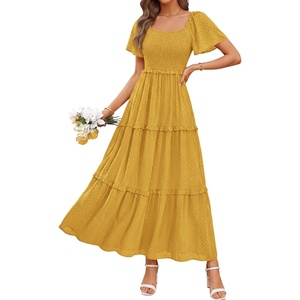 image:imagePRETTYGARDEN Womens Summer Dresses 2026 Boho Maxi Wedding Guest Smocked Square Neck Spring Short Sleeve Swiss Dot Long DressYellow