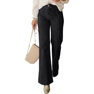 image:imagePRETTYGARDEN Womens Wide Leg Jeans High Waisted Stretchy  High Rise Flare Jeans with Front Patch Pockets Loose Fit Daily Wear Denim Trendy Office Work Pants Business Casual OutfitsBlack