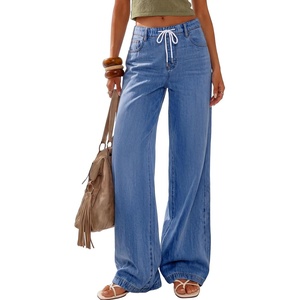 image:imagePRETTYGARDEN Womens Wide Leg Jeans High Waisted Stretchy Baggy Straight Leg Drawstring Trendy Denim Pants 2026 SummerDusk Blue