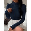 image:imagePRETTYGARDEN Womens Fall Long Sleeve Fitted Shirts  Comfy Stretchy Cable Knit Trendy Lettuce Trim Mock Neck Casual Basic Tees Cute Layering Tops 2026 Fashion ClothingNavy Blue