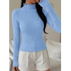 image:imagePRETTYGARDEN Womens Fall Long Sleeve Fitted Shirts  Comfy Stretchy Cable Knit Trendy Lettuce Trim Mock Neck Casual Basic Tees Cute Layering Tops 2026 Fashion ClothingLight Blue