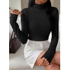 image:imagePRETTYGARDEN Womens Fall Long Sleeve Fitted Shirts  Comfy Stretchy Cable Knit Trendy Lettuce Trim Mock Neck Casual Basic Tees Cute Layering Tops 2026 Fashion ClothingBlack