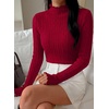 image:imagePRETTYGARDEN Womens Fall Long Sleeve Fitted Shirts  Comfy Stretchy Cable Knit Trendy Lettuce Trim Mock Neck Casual Basic Tees Cute Layering Tops 2026 Fashion ClothingBurgundy