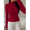 image:imagePRETTYGARDEN Womens Fall Long Sleeve Fitted Shirts  Comfy Stretchy Cable Knit Trendy Lettuce Trim Mock Neck Casual Basic Tees Cute Layering Tops 2026 Fashion ClothingBurgundy
