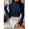 image:imagePRETTYGARDEN Womens Fall Long Sleeve Fitted Shirts  Comfy Stretchy Cable Knit Trendy Lettuce Trim Mock Neck Casual Basic Tees Cute Layering Tops 2026 Fashion ClothingNavy Blue