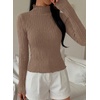 image:imagePRETTYGARDEN Womens Fall Long Sleeve Fitted Shirts  Comfy Stretchy Cable Knit Trendy Lettuce Trim Mock Neck Casual Basic Tees Cute Layering Tops 2026 Fashion ClothingKhaki