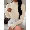 image:imagePRETTYGARDEN Womens Fall Long Sleeve Fitted Shirts  Comfy Stretchy Cable Knit Trendy Lettuce Trim Mock Neck Casual Basic Tees Cute Layering Tops 2026 Fashion ClothingBeige