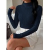 image:imagePRETTYGARDEN Womens Fall Long Sleeve Fitted Shirts  Comfy Stretchy Cable Knit Trendy Lettuce Trim Mock Neck Casual Basic Tees Cute Layering Tops 2026 Fashion ClothingNavy Blue