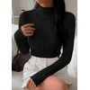 image:imagePRETTYGARDEN Womens Fall Long Sleeve Fitted Shirts  Comfy Stretchy Cable Knit Trendy Lettuce Trim Mock Neck Casual Basic Tees Cute Layering Tops 2026 Fashion ClothingBlack