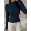 image:imagePRETTYGARDEN Womens Fall Long Sleeve Fitted Shirts  Comfy Stretchy Cable Knit Trendy Lettuce Trim Mock Neck Casual Basic Tees Cute Layering Tops 2026 Fashion ClothingNavy Blue