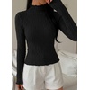 image:imagePRETTYGARDEN Womens Fall Long Sleeve Fitted Shirts  Comfy Stretchy Cable Knit Trendy Lettuce Trim Mock Neck Casual Basic Tees Cute Layering Tops 2026 Fashion ClothingBlack