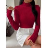 image:imagePRETTYGARDEN Womens Fall Long Sleeve Fitted Shirts  Comfy Stretchy Cable Knit Trendy Lettuce Trim Mock Neck Casual Basic Tees Cute Layering Tops 2026 Fashion ClothingBurgundy