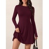 image:imagePRETTYGARDEN Womens Long Sleeve Flowy Mini Dress with Tie Waist Soft Stretchy Fitted ALine Dresses for Early Fall FashionBurgundy