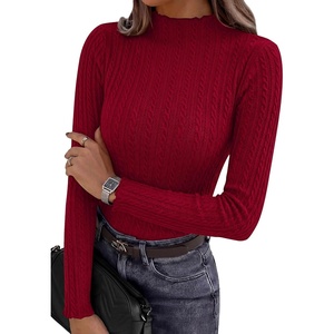 image:imagePRETTYGARDEN Womens Fall Long Sleeve Fitted Shirts  Comfy Stretchy Cable Knit Trendy Lettuce Trim Mock Neck Casual Basic Tees Cute Layering Tops 2026 Fashion ClothingBurgundy