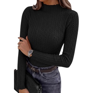image:imagePRETTYGARDEN Womens Fall Long Sleeve Fitted Shirts  Comfy Stretchy Cable Knit Trendy Lettuce Trim Mock Neck Casual Basic Tees Cute Layering Tops 2026 Fashion ClothingBlack