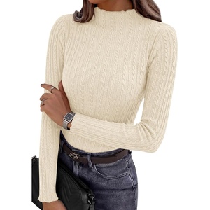 image:imagePRETTYGARDEN Womens Fall Long Sleeve Fitted Shirts  Comfy Stretchy Cable Knit Trendy Lettuce Trim Mock Neck Casual Basic Tees Cute Layering Tops 2026 Fashion ClothingBeige