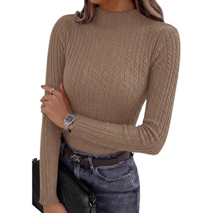 image:imagePRETTYGARDEN Womens Fall Long Sleeve Fitted Shirts  Comfy Stretchy Cable Knit Trendy Lettuce Trim Mock Neck Casual Basic Tees Cute Layering Tops 2026 Fashion ClothingKhaki